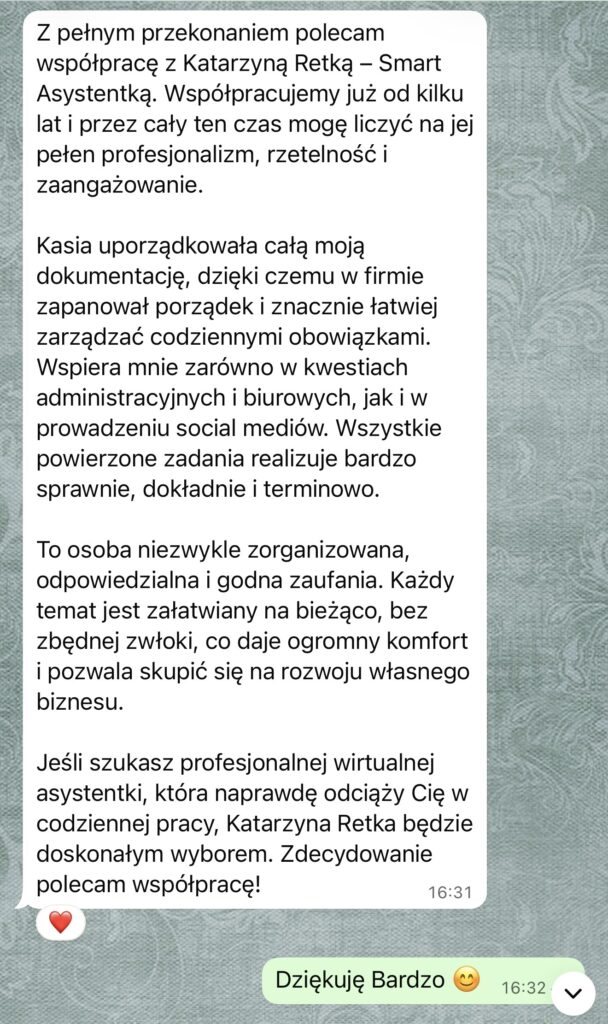 Opinia klientki o współpracy ze Smart Asystentką